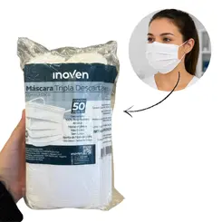 Máscara Tripla Branca Com Elástico e Clip Nasal 50 und