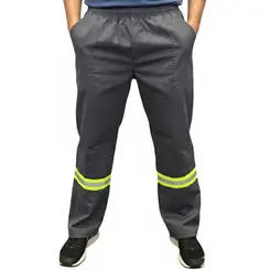 Calça Brim Cinza Com Refletivo e Elástico 3 Bolsos