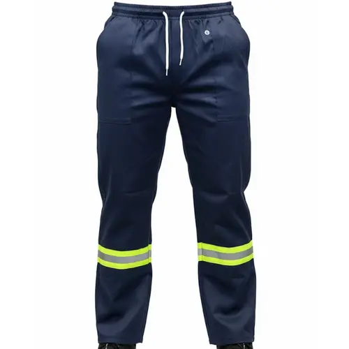 Calça Brim Azul Com Refletivo e Elástico 3 Bolsos